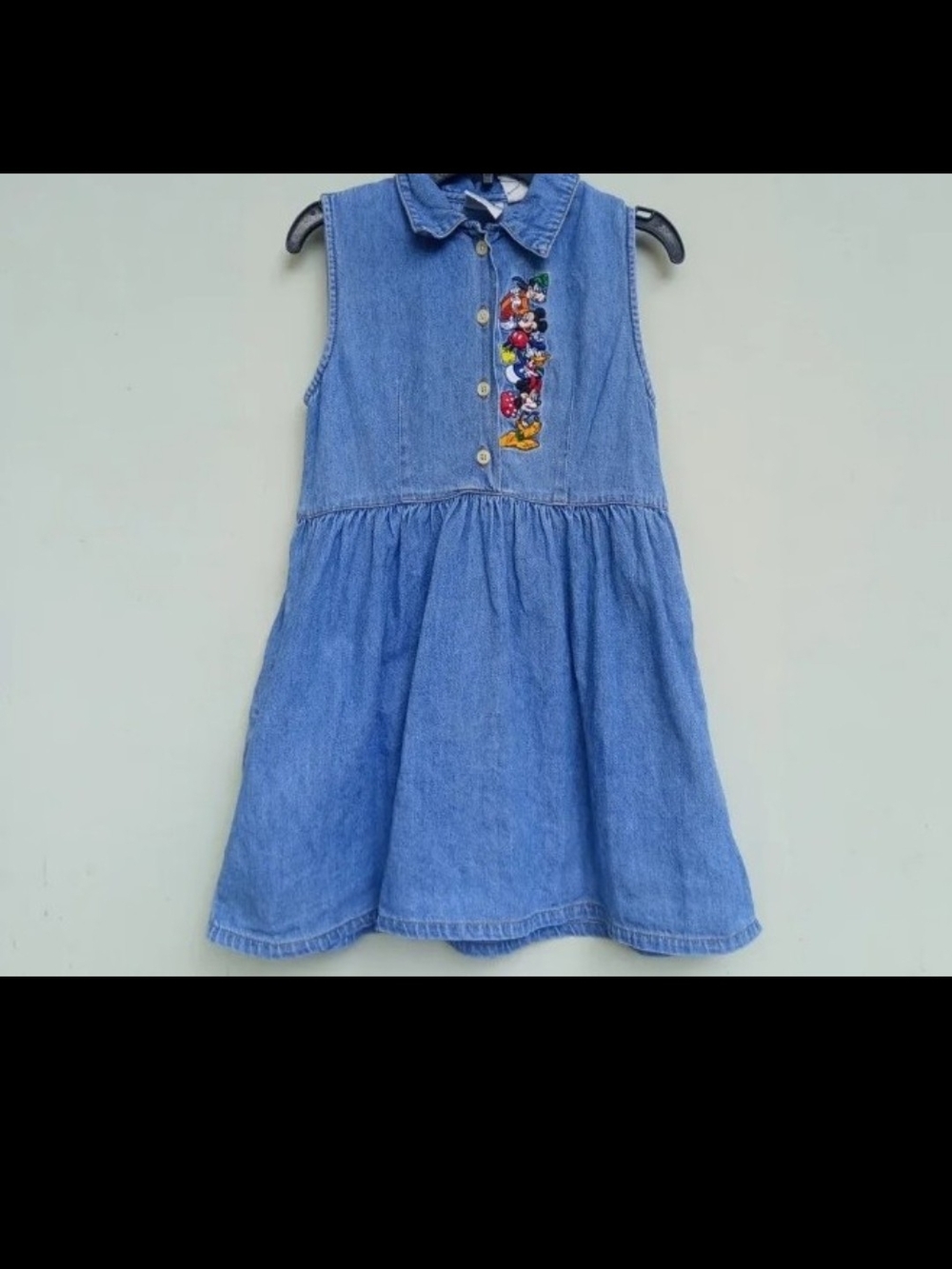 Vintage Blue Denim Sleeveless Kids Dress with Character Embroidery